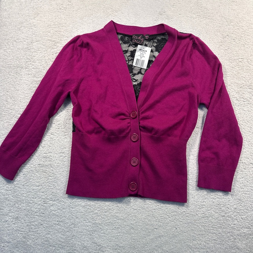 Take Out Womens Cardigan Sweater XL Purple Black Lace Back Long Sleeve‎ NWT Y2k